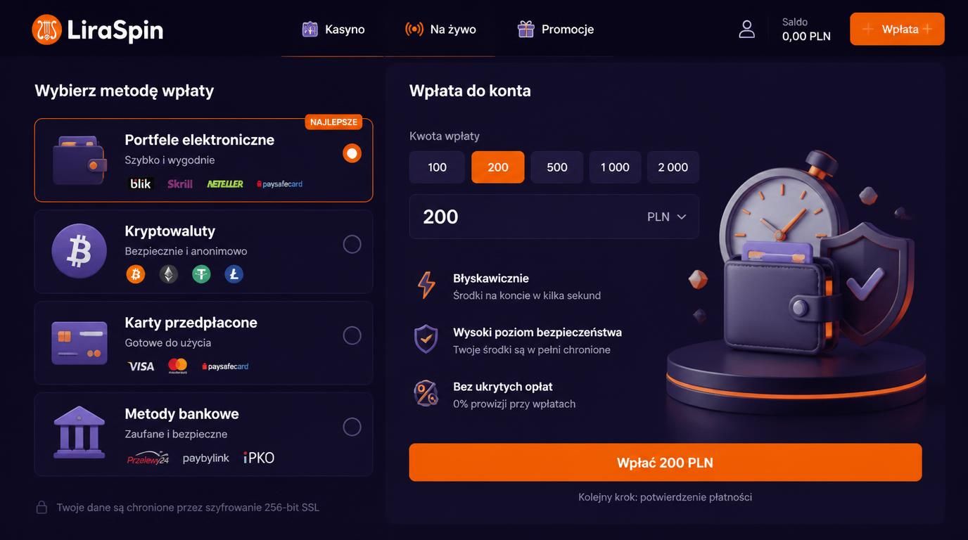 Ikony różnych metod wpłat i wypłat (e-portfel, krypto, karta, bank), podkreślenie szybkości i niezawodności