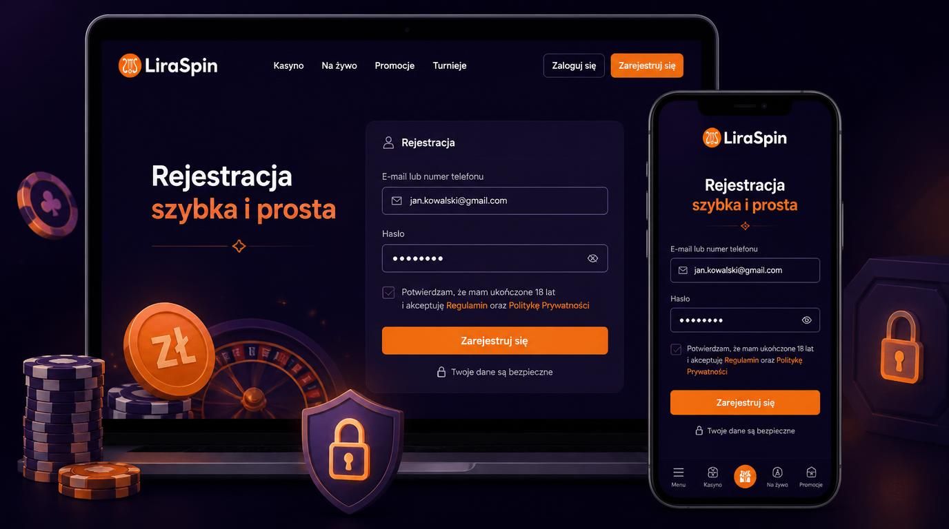 Formularz rejestracji na ekranie komputera i telefonu, z akcją „zarejestruj się” i symbolem złotego 