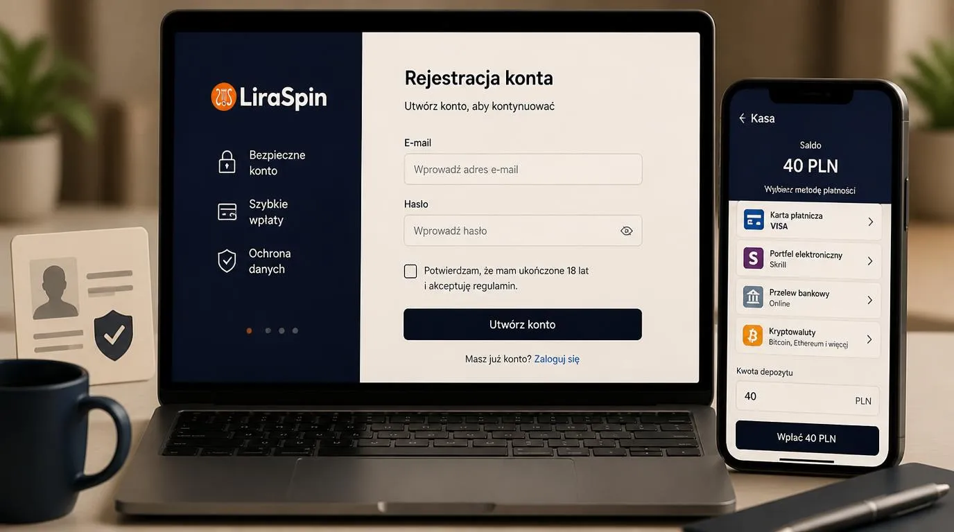 Ekran rejestracji obok panelu wpłaty z wyborem karty, portfela elektronicznego i przelewu