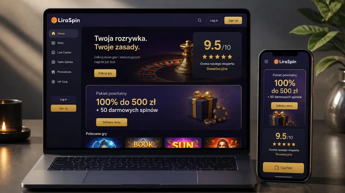 Ekran kasyna z oceną 9,5/10, ofertą powitalną i przyciskiem prowadzącym do kasy